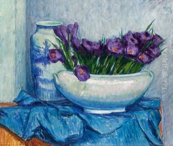 Violett Krokus I Vit Skal Oil Painting by Karl Fredrik Nordstrom