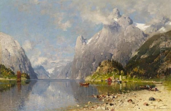 Summery Fiord Landscape Oil Painting by Adelsteen Normann