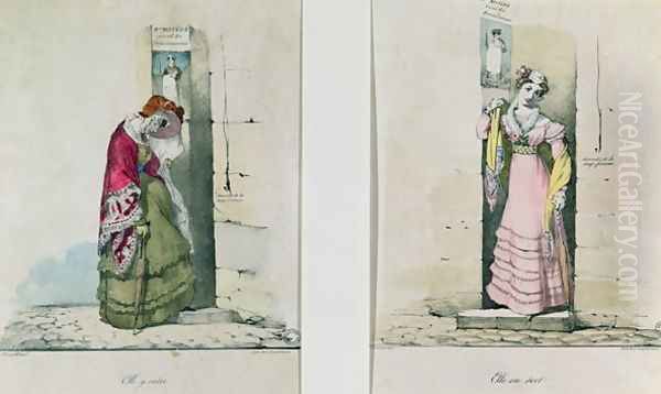 A woman entering and leaving an abortion clinic, engraved by Godefroy Engelmann (1788-1839) Oil Painting by Wattier