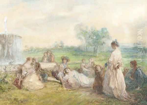 Figures resting before a fountain Oil Painting by Wattier