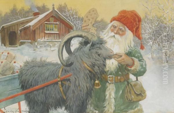 Tomte Med Julklappar Oil Painting by Jenny Nystrom