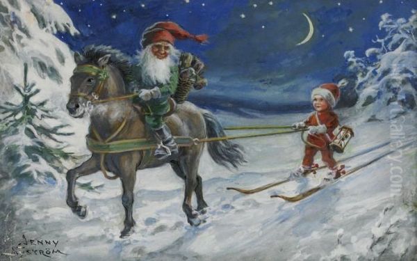 Tomte Till Hast Och Nisse Pa Skidor Oil Painting by Jenny Nystrom