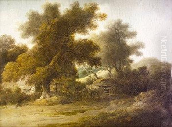 Figure And Cottages In Landscape Oil Painting by James Arthur O'Connor