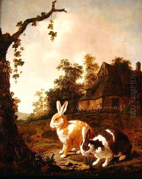 Wooded landscape with two hares Oil Painting by Dirck Wyntrack