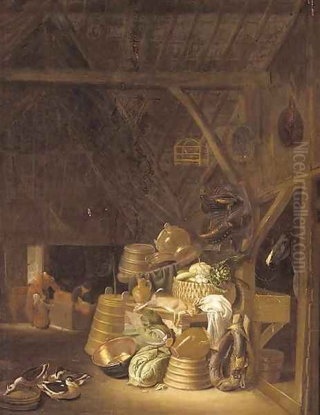 A barn interior with a basket of vegetables, a dead hare, cabbages, pots and pans and a jug on a table, with a horse tethered in a byre Oil Painting by Dirck Wyntrack