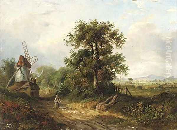 A figure on a country track by a windmill Oil Painting by J. Westall