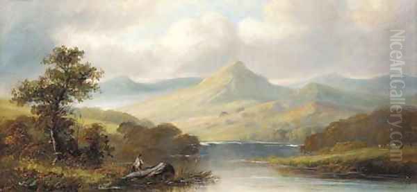 An angler in a mountainous landscape Oil Painting by J. Westall