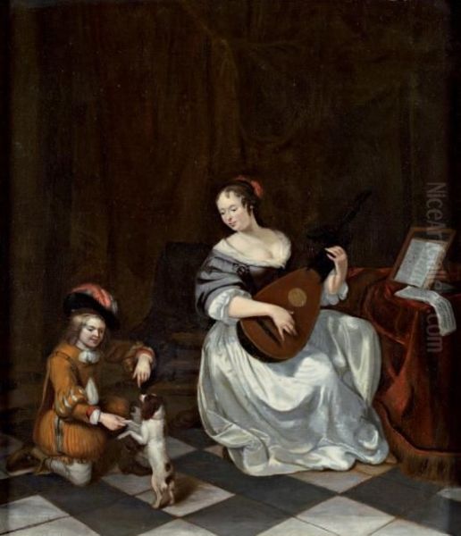 La Luthiste Et Le Jeune Garcon Jouant Avec Un Chien Oil Painting by Jacob Ochtervelt