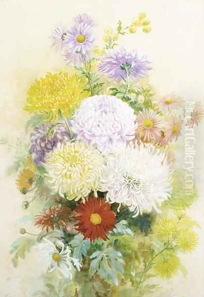 A vase of crysanthemuns and asters Oil Painting by C. Wilson