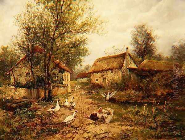 Poultry by a Pond in a Farmyard Oil Painting by Johan Hendrik Weissenbruch