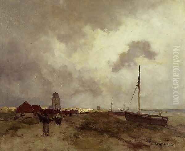 Fisherfolk Returning Home Oil Painting by Johan Hendrik Weissenbruch