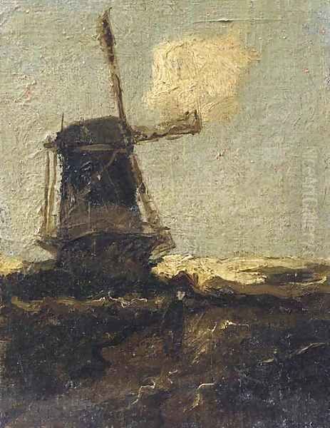 A figure passing a windmill Oil Painting by Johan Hendrik Weissenbruch