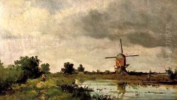 A windmill in a Dutch landscape Oil Painting by Johan Hendrik Weissenbruch