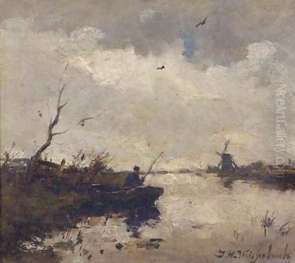 A fisherman in a polder landscape Oil Painting by Johan Hendrik Weissenbruch