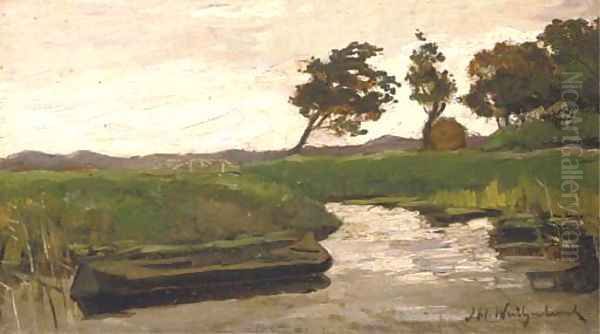 A praam in a polder landscape Oil Painting by Johan Hendrik Weissenbruch