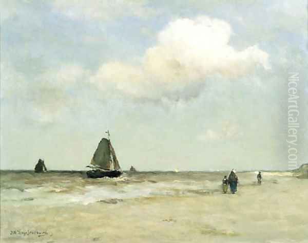 Bomschuiten at sea on a cloudy day Oil Painting by Johan Hendrik Weissenbruch