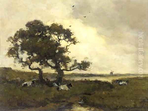 Cattle resting under a tree in a polder landscape Oil Painting by Johan Hendrik Weissenbruch