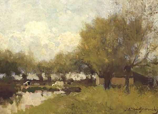 Cows under willows by a pond Oil Painting by Johan Hendrik Weissenbruch