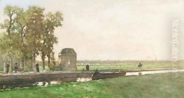 Het theekoepeltje van Cromvliet te Rijswijk a pavilion along a canal Oil Painting by Johan Hendrik Weissenbruch