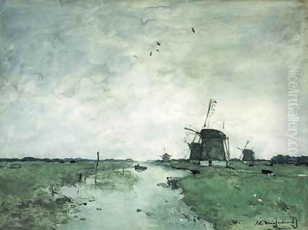 Windmills in the polder Oil Painting by Johan Hendrik Weissenbruch