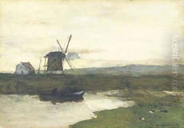 A windmill in a polder landscape Oil Painting by Johan Hendrik Weissenbruch