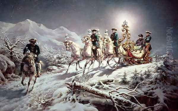 Ludwig II (1845-86) of Bavaria Sleighing at Night from Neuschwanstein to Linderhof, 1888 Oil Painting by Karl Gottlieb Wenig