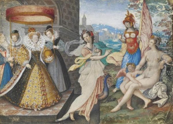 Elizabeth I And The Three Goddesses Traces Of Black Oil Painting by Isaac Oliver