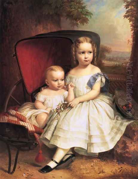 Portrait of Two Children, Helen and Alice Capron Oil Painting by William Ruthven Wheeler