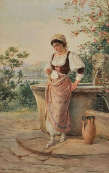 At The Fountain Oil Painting by Luigi Olivetti