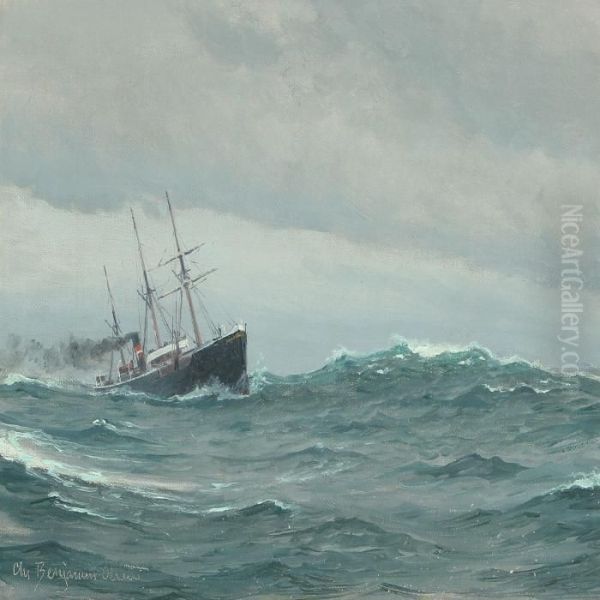 Steamer On Open Sea Oil Painting by Christian Benjamin Olsen