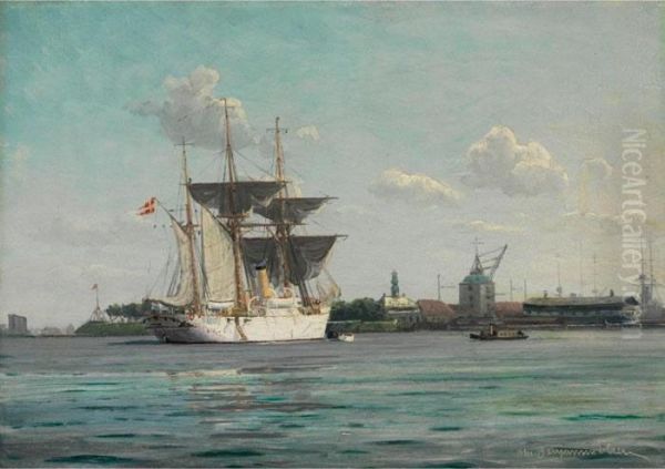 Dreimaster-segelschiff Mit Danischer Flagge In Einem Hafen Oil Painting by Christian Benjamin Olsen