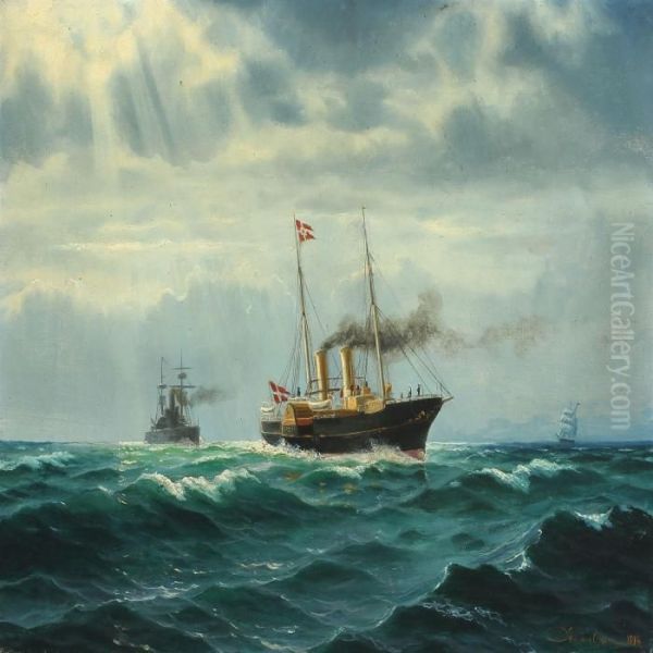 Seascape With The Old Royal Yacht Dannebrog Oil Painting by Christian Benjamin Olsen