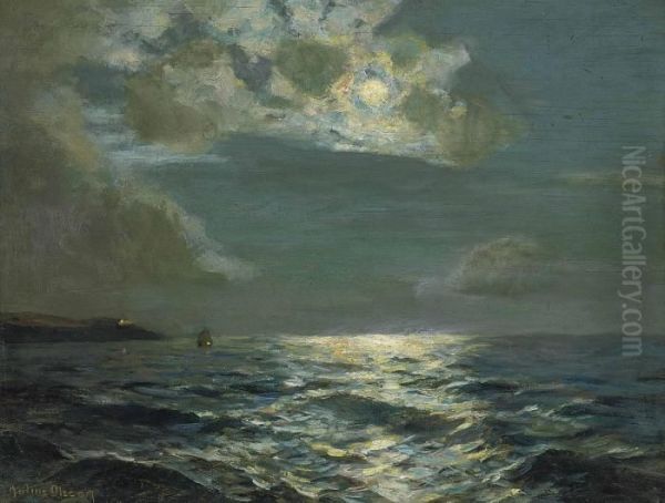 Clouded Moon Off Falmouth Oil Painting by Julius Olsson