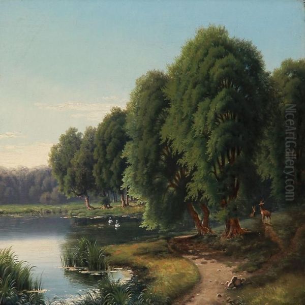 Landscape With Lush Trees At A Stream Oil Painting by Peter Olsted