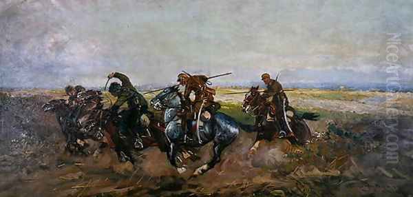 Polish Lancers attacking Russians, 1920 Oil Painting by Leonard Winterowski