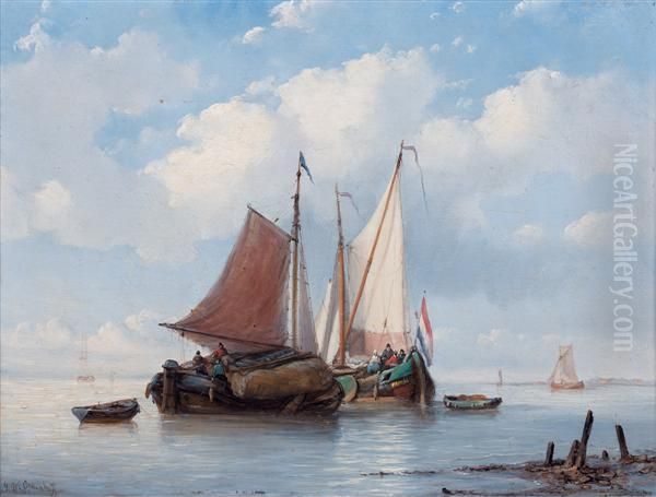 Bateaux Pres D'une Berge Oil Painting by George Willem Opdenhoff