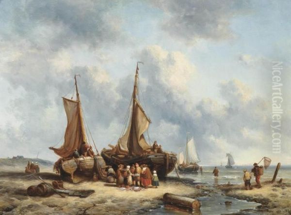 Fishermen Selling Their Catch On The Foreshore Oil Painting by George Willem Opdenhoff