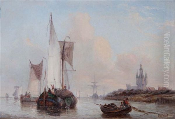 Sailing Barges In Full Sail In A Calm Off A Continental Coast Oil Painting by George Willem Opdenhoff