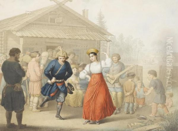 Merry-making Outside A Tavern Oil Painting by George Emmanuel Opitz