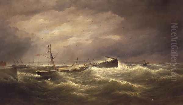 Liverpool from the North End Docks, a Sailing Vessel at Anchor in Distress on the Mersey Oil Painting by Samuel Walters