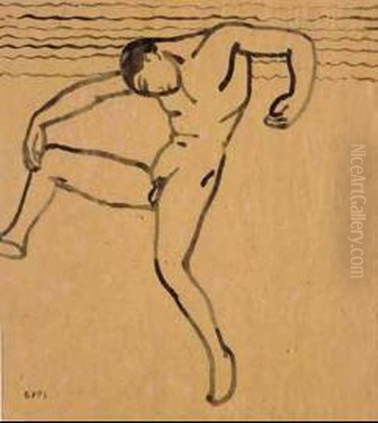 Uomo Nudo Che Danza Sulla Spiaggia Oil Painting by Ubaldo Oppi