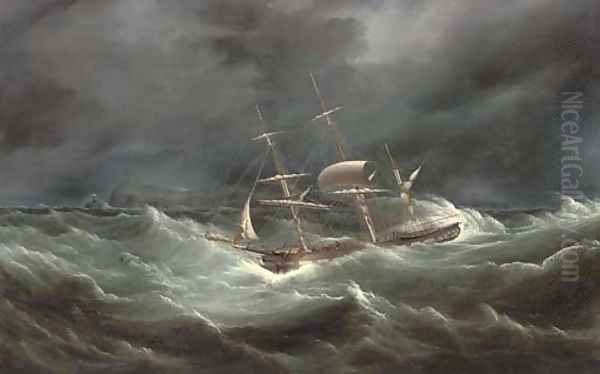 The barque Vere in heavy seas in a night gale off the South Stack lighthouse, Anglesey Oil Painting by Samuel Walters