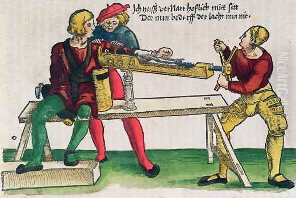 Apparatus for healing arm fractures, illustration from the Feldtbuch der Wundartzney by Hans von Gersdorff, c.1540 Oil Painting by Hans or Johannes Ulrich Wechtlin