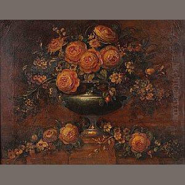 A Rose Filled Urn Oil Painting by Arturo Orselli