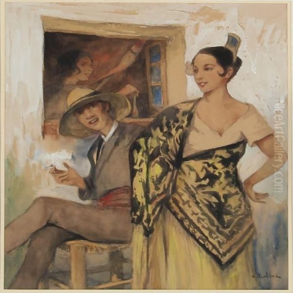 Spanish Street With A Gentleman Smoking A Cigarette And Flirting With A Woman Oil Painting by Allan Osterlind