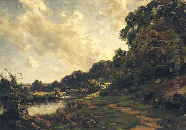 A wooded River Landscape Oil Painting by Jose Weiss