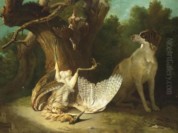 A Bittern, A Grey Partridge And A Pointer In A Landscape Oil Painting by Jean-Baptiste Oudry