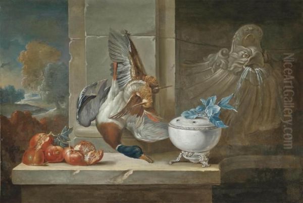 Dead Game And Pomegranates On A Ledge Beside A Fountain Oil Painting by Jean-Baptiste Oudry