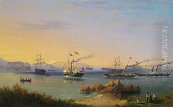 The Arrival Of Queen Victoria 
And Prince Albert On The Royal Yacht In 1854 For The Official Opening Of
 The New Harbour At Alderney Oil Painting by Philip John Ouless