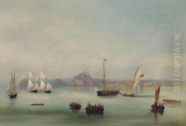 Big Cutters Racing Before Elizabeth Castle In St. Helier Harbour Oil Painting by Philip John Ouless